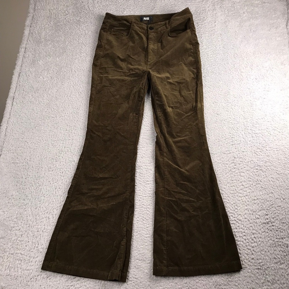 Paige Genevieve Corduroy Pants Women 30 (32x31) Dark Olive Mid Rise Flared